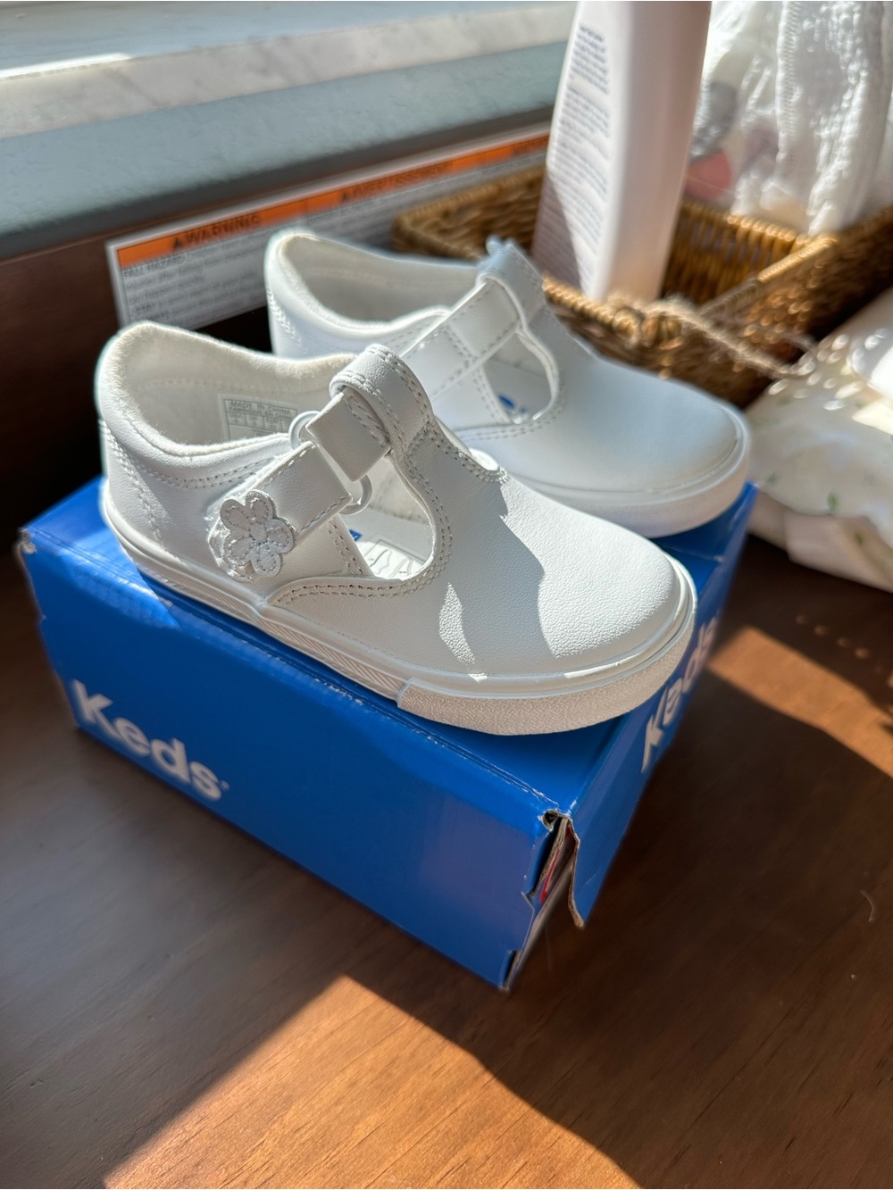 Keds Kids White T-Strap Mary Jane with Flower Accent